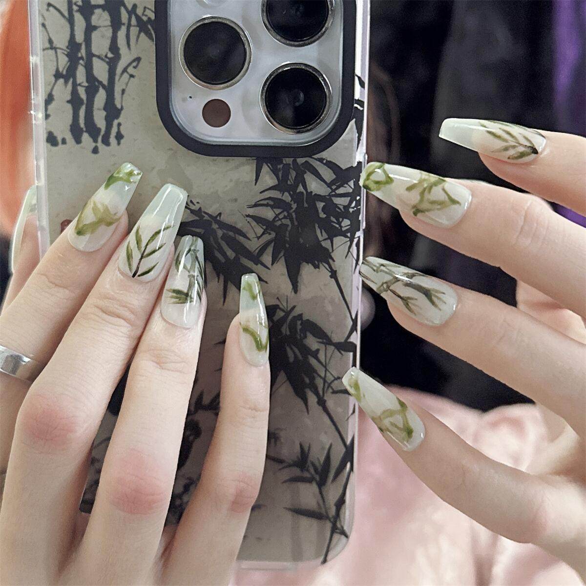 六一星球*新中式国风绿竹子水墨复古可拆卸成品穿戴甲手工美甲片