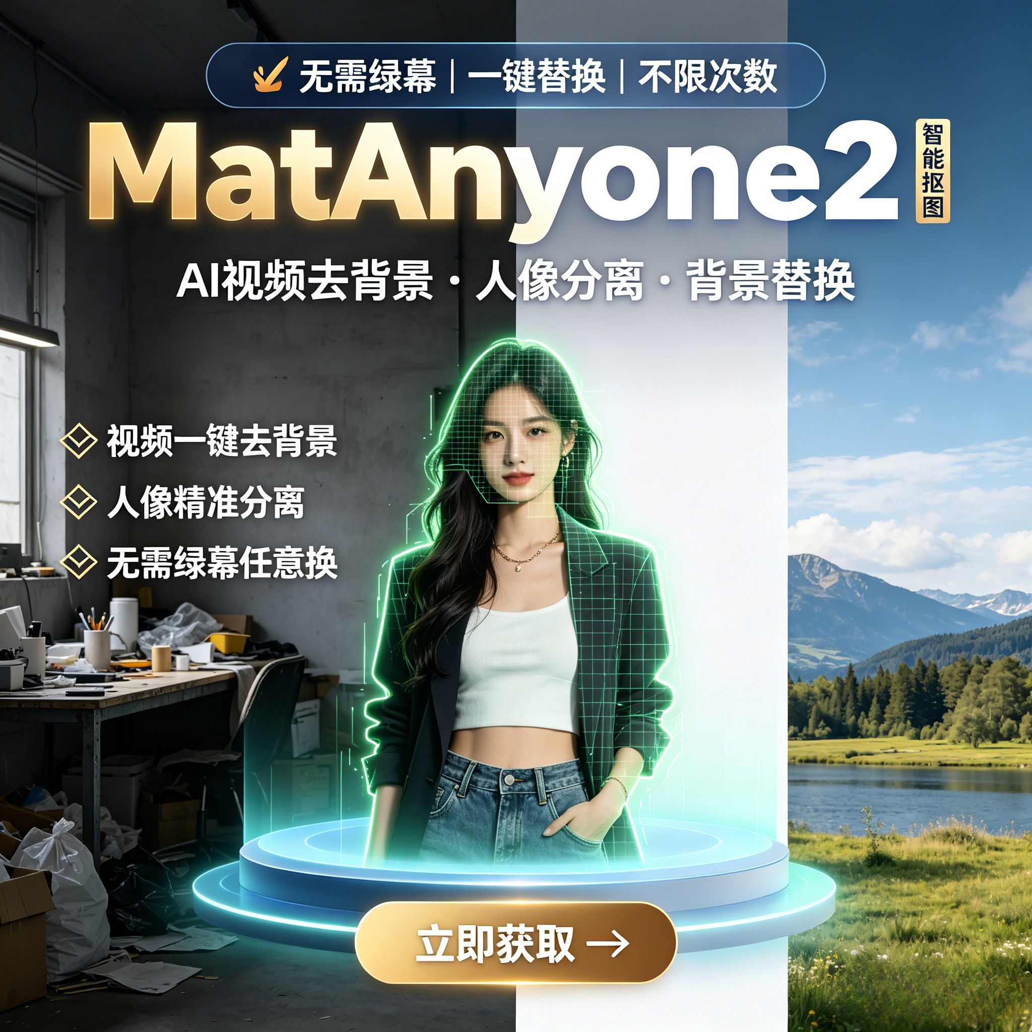 MatAnyone智能视频抠图 AI软件 人物背景分离一键替换 无需绿幕