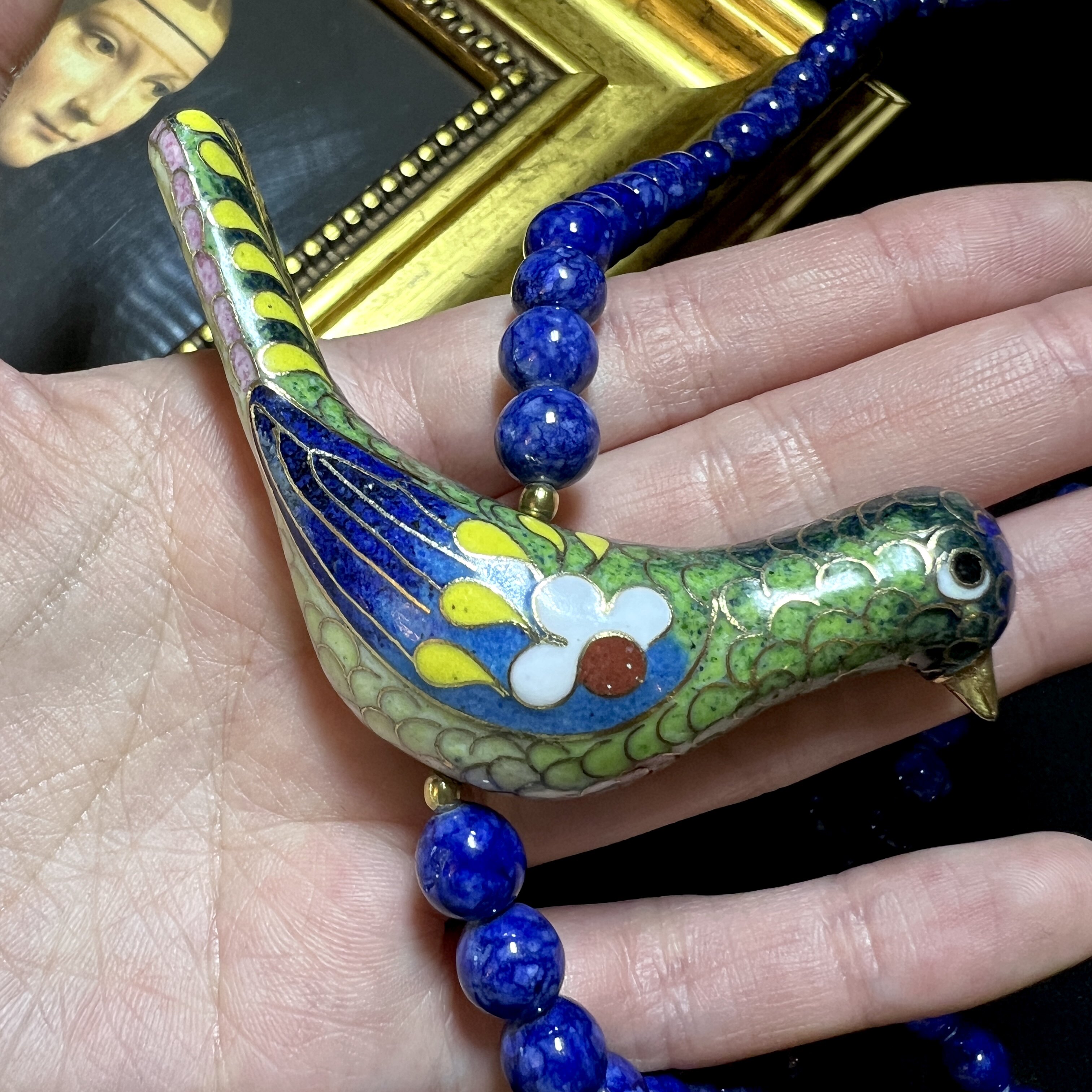创汇期出口古董首饰中古饰品蓝色琉璃珐琅小鸟造型长项链毛衣链