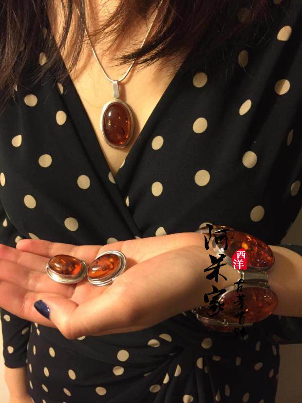 天然原矿琥珀925纯银镶嵌手链项链耳钉耳环套装古董珠宝回流首饰