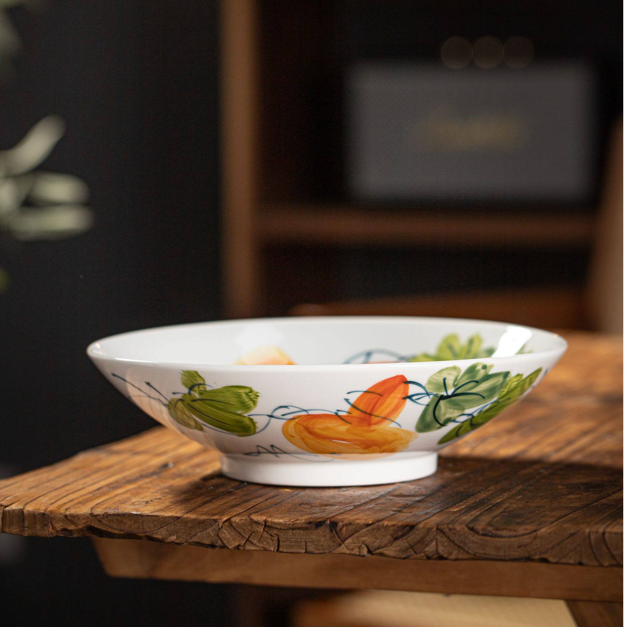 釉下彩手绘深菜盘中式高脚摆盘点心盘家用水果盘景德镇艺术零食盘