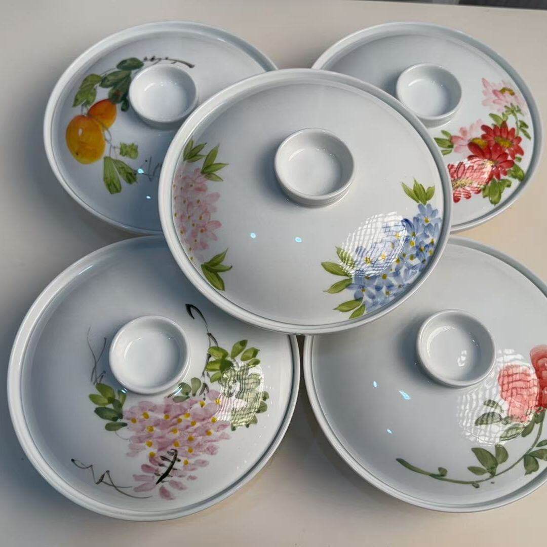 陶瓷餐具家用汤盆甜品碗景德镇陶瓷盘手绘合器带盖深盘菜盘子