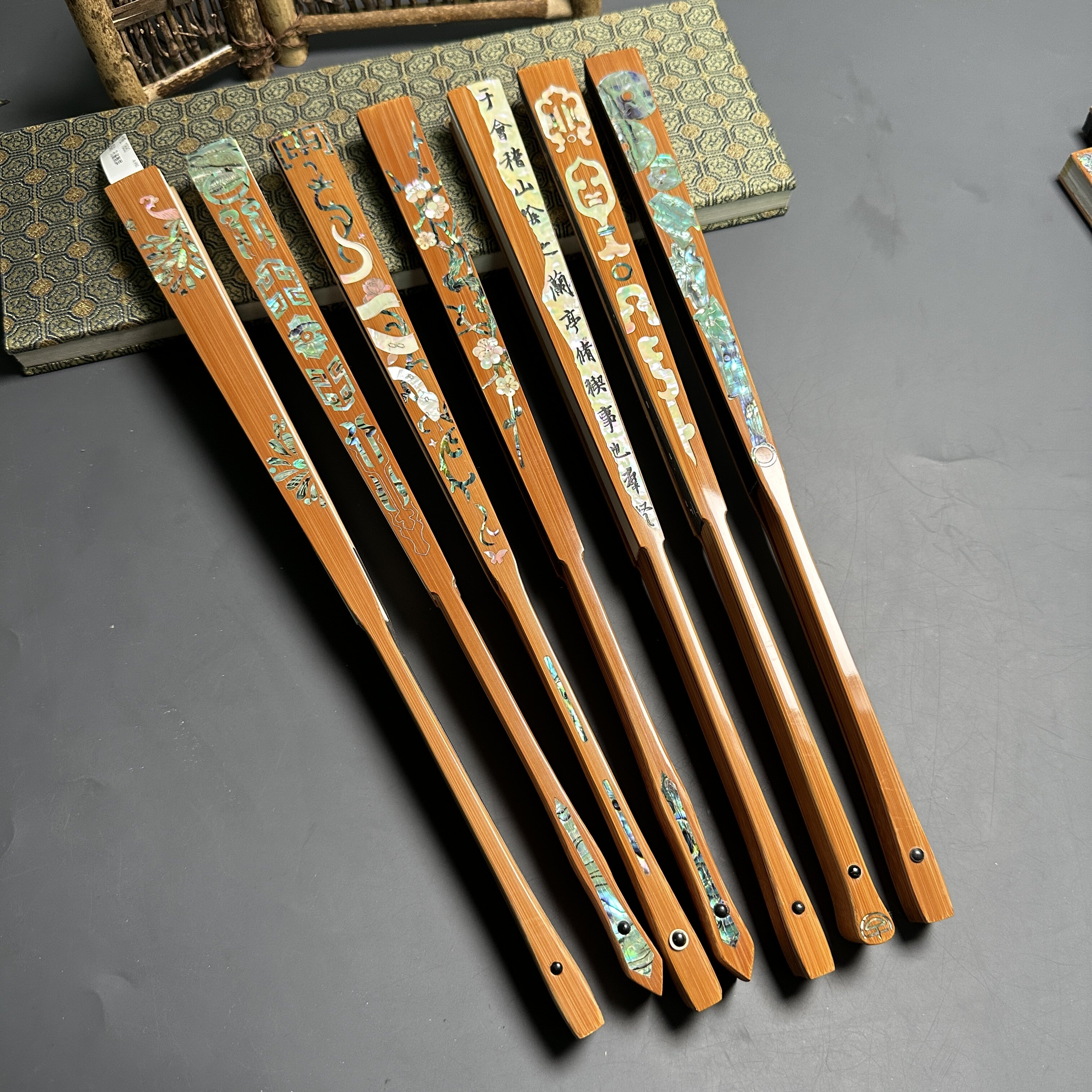 沉韵阁老玉竹合青镶螺钿折扇9.5寸16方古风折扇纯手工扇骨文玩折