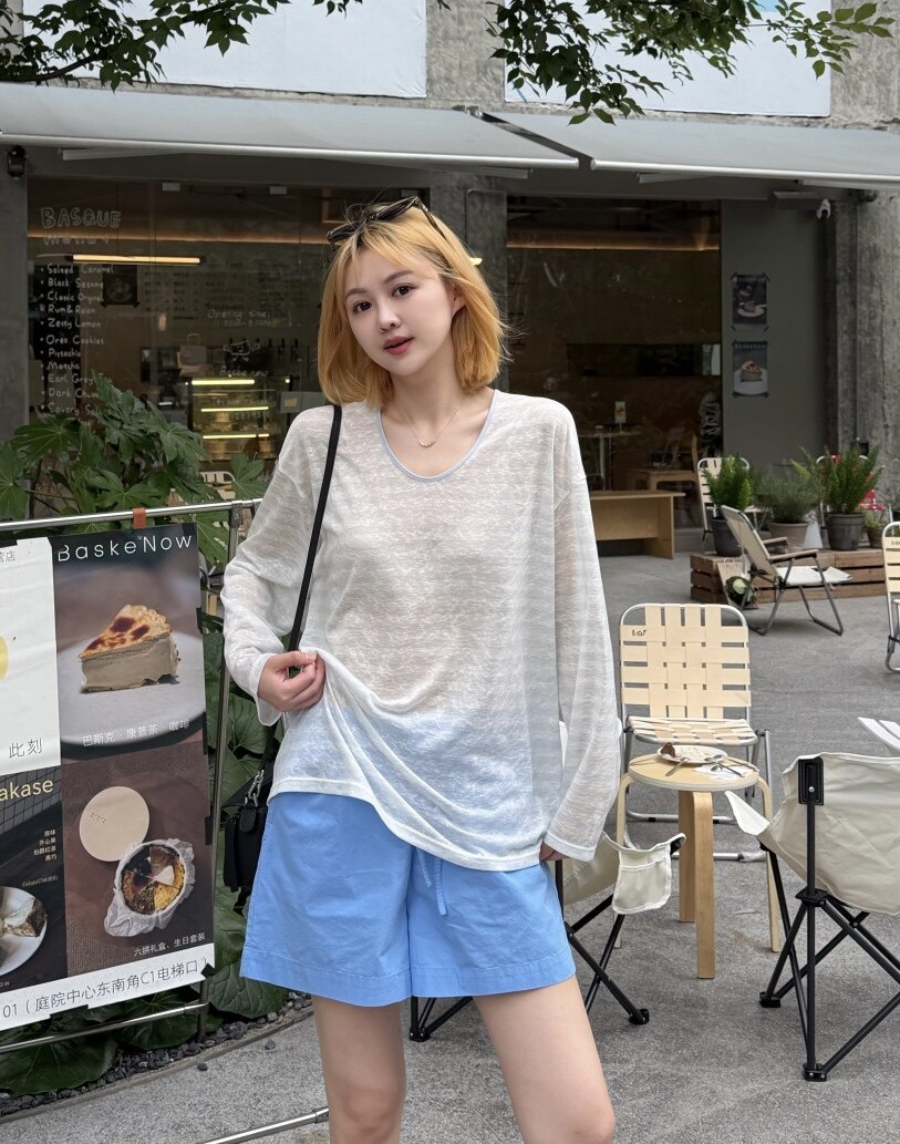 SEAWHEN海维恩超薄凉感U领长袖T恤女夏天丝防晒罩衫宽松显瘦上衣