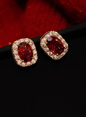 奥特莱斯折扣店撤柜清仓捡漏18K金红色复古宝石耳环outlets女配饰