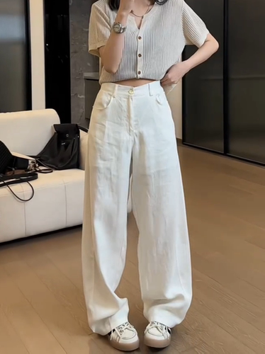 白色窄版阔腿宽松显瘦弯刀休闲裤