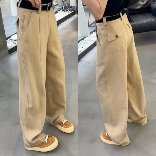 卡其色宽松显瘦窄版阔腿休闲裤子