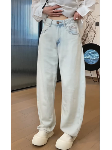 海盐蓝弯刀牛仔裤显瘦窄版香蕉裤