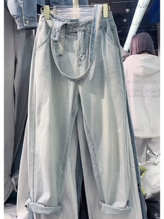 宽松显瘦九分吊带裤 新款 子女2024秋季 梨形身材浅蓝色牛仔背带裤