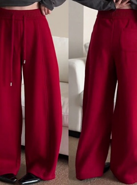 红色大气高级感弯刀休闲裤2025冬季新款加绒显瘦窄版阔腿裤
