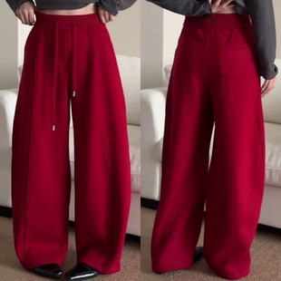 红色大气高级感弯刀休闲裤2025冬季新款加绒显瘦窄版阔腿裤