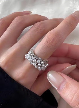 银色珍珠锆石开口食指戒显手白