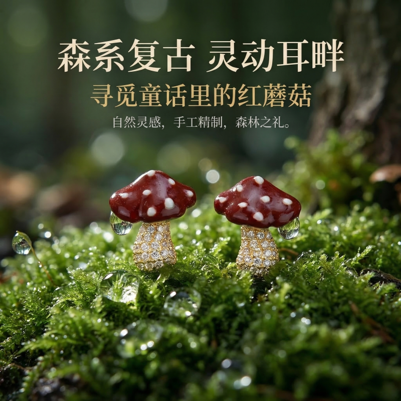 S925银针红蘑菇镶钻耳钉女小众设计感可爱卡通耳饰巨好看少女耳环