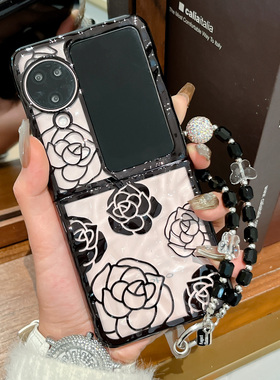 黑色玫瑰花适用OPPO Find N3 Flip手机壳透明褶皱纹findn2flip折叠屏亚克力硬壳保护套带挂绳复古小香风女款