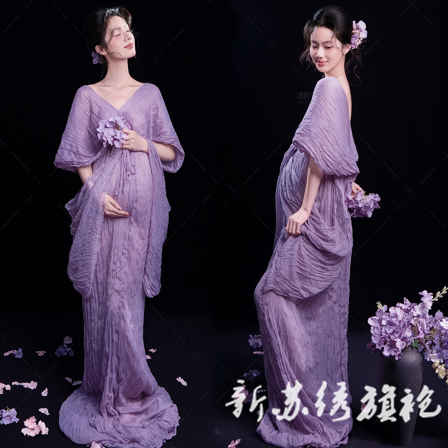 依媚坊孕妇中式复古甜美紫色连衣