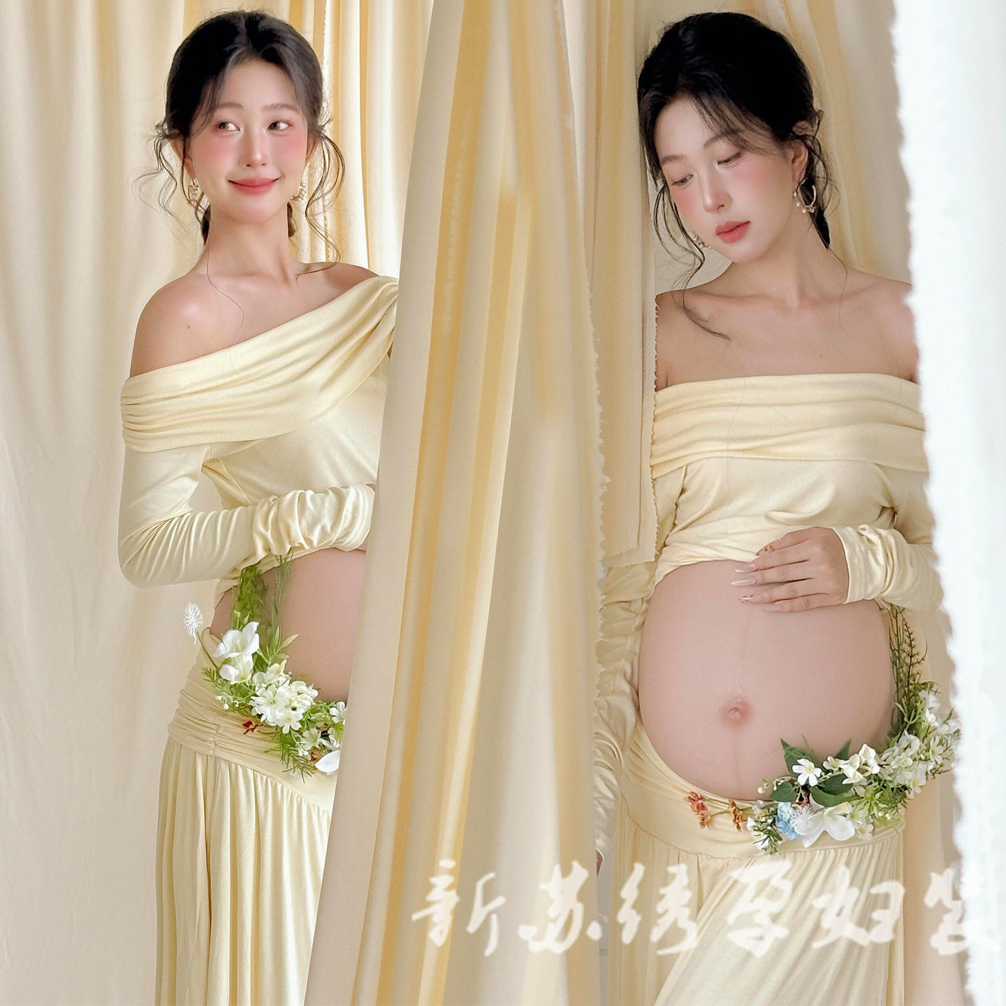 纯欲甜美温柔黄色连衣裙孕妈主题
