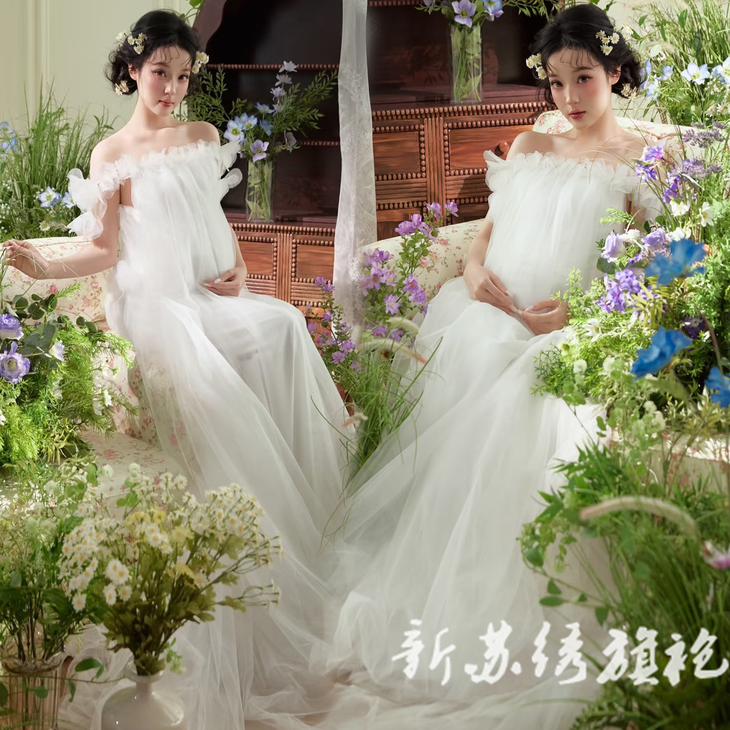 依媚坊孕妇春日写真白色纱裙