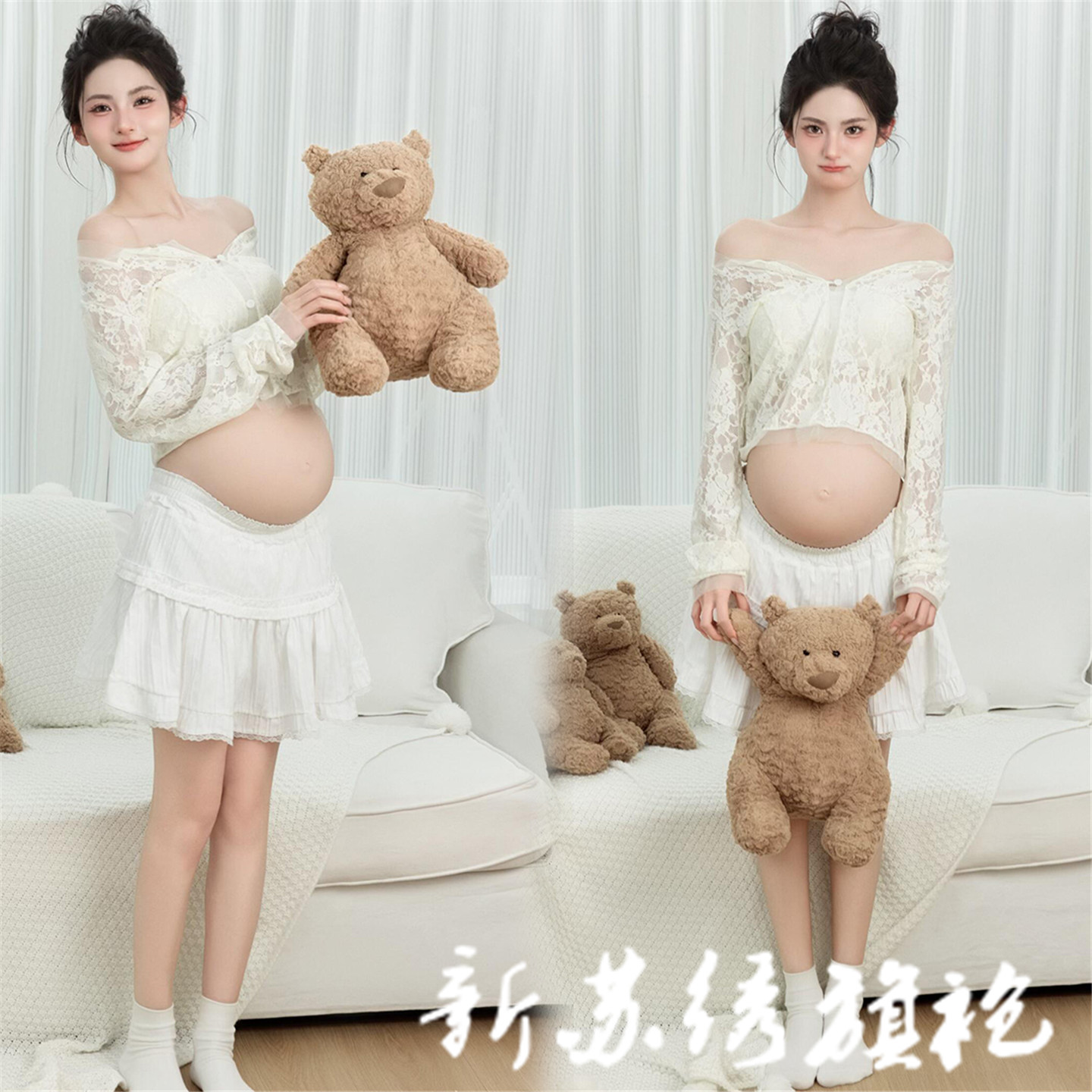 孕妇唯美风蕾丝一字肩写真服