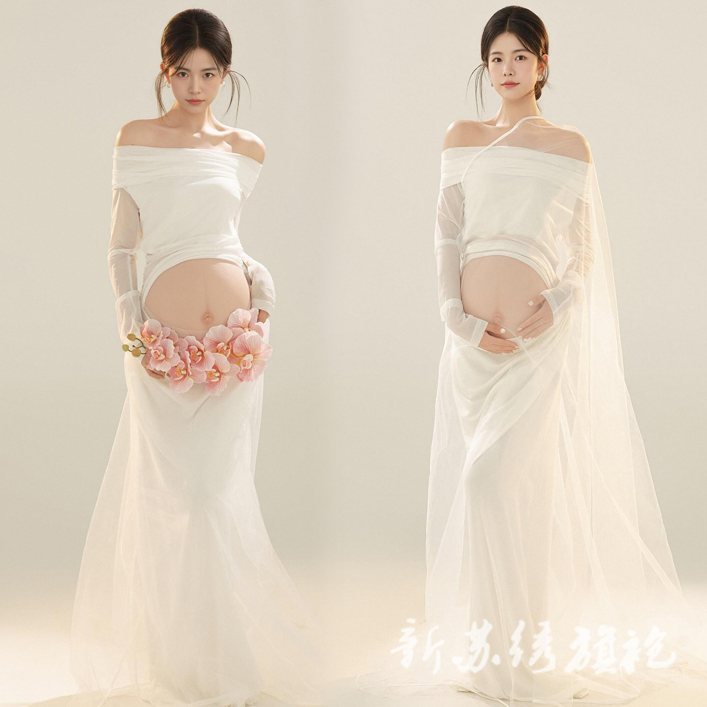 依媚坊孕妇写真一字肩连衣裙