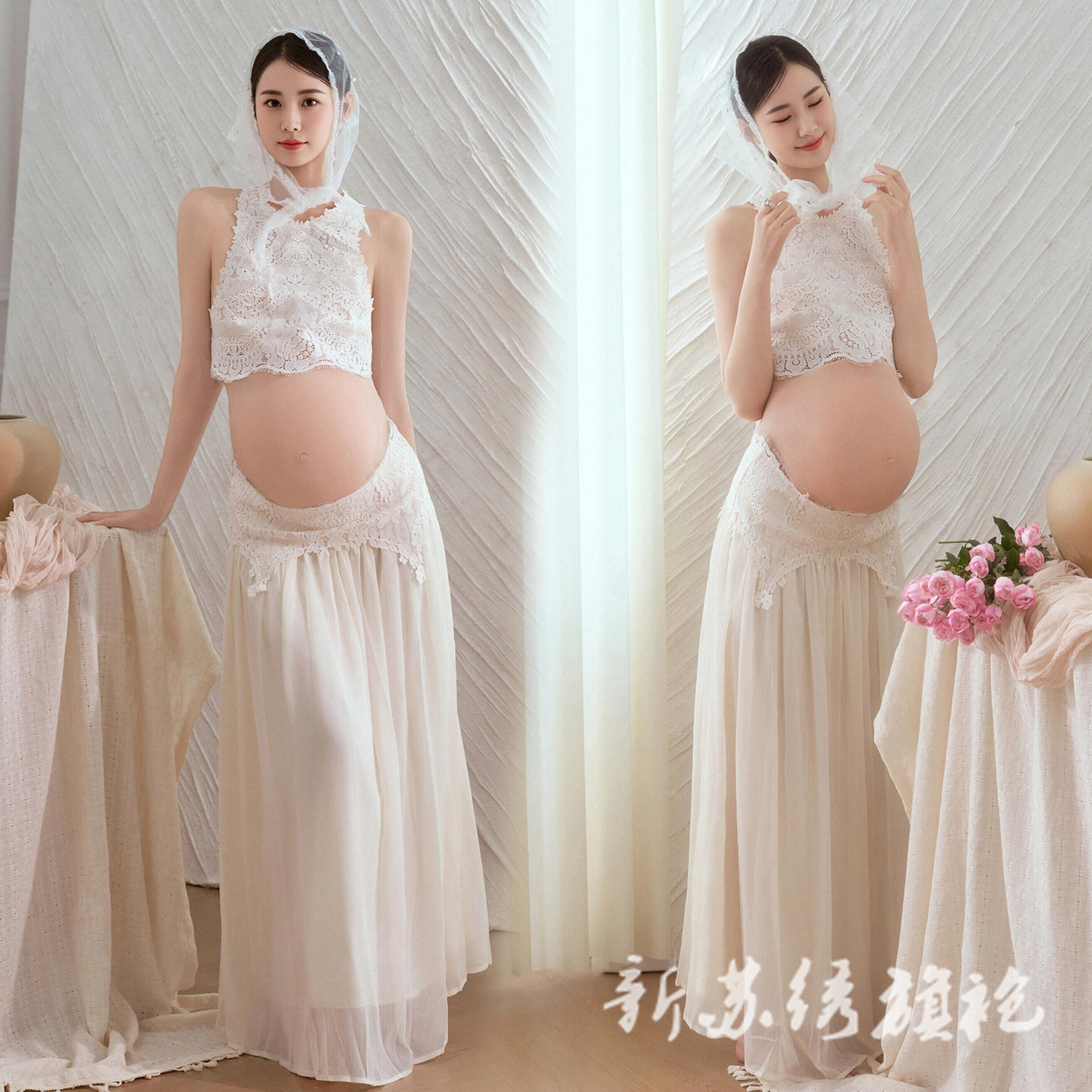 依媚坊法式蕾丝孕妇写真连衣裙
