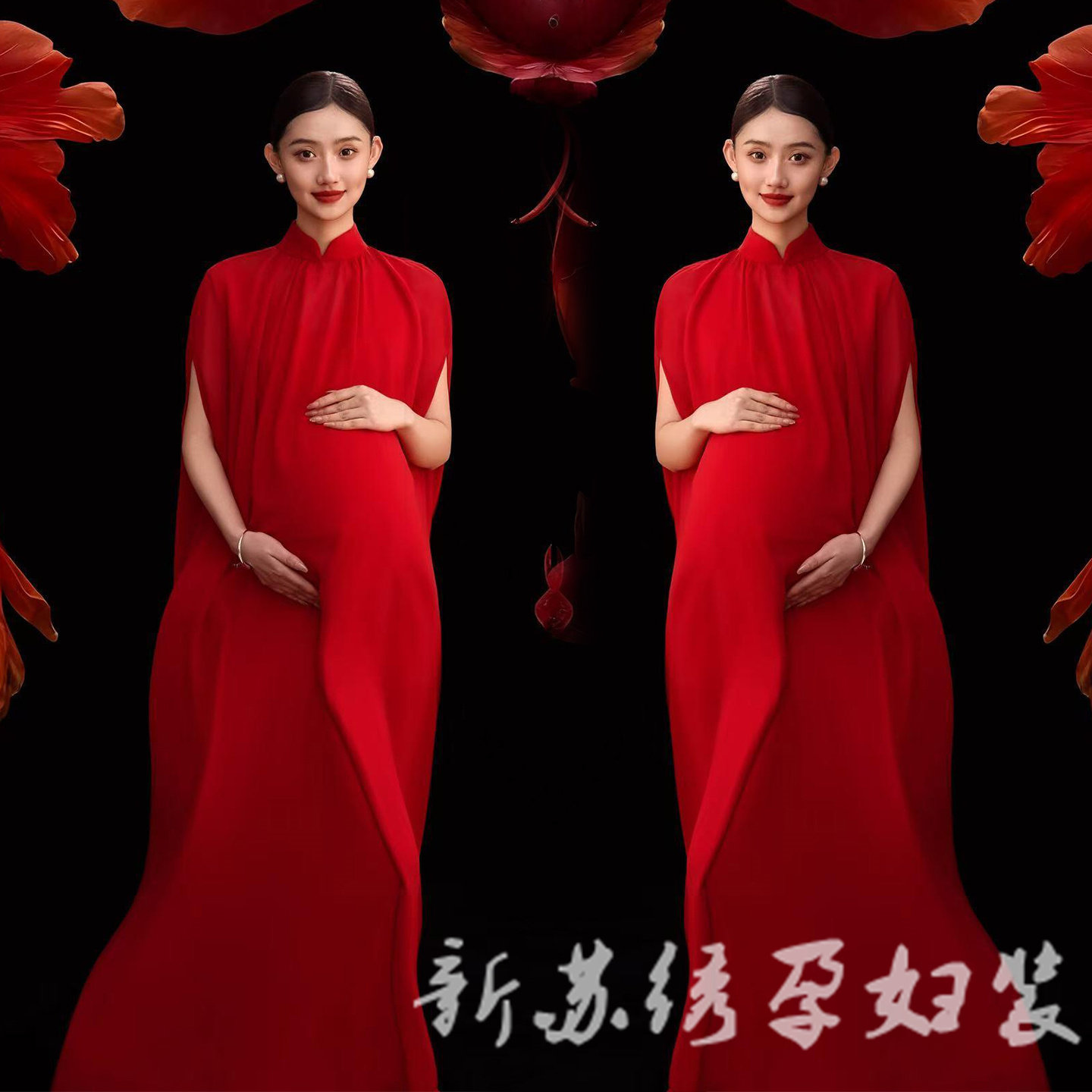 锦鲤肖像中式中国风高级红色礼服