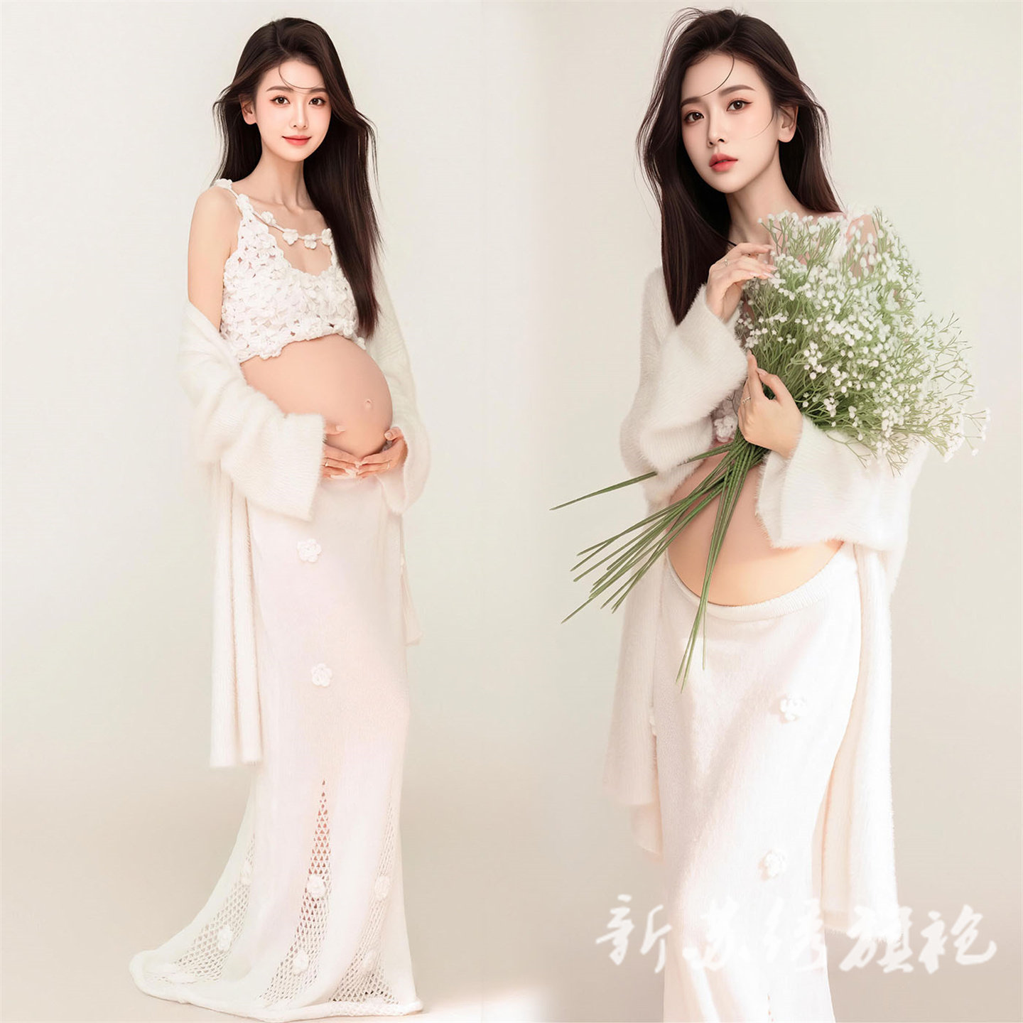 依媚坊孕妇写真法式镂空针织套装