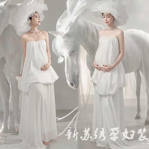 马年孕妇法式高级白色礼服裙肖像