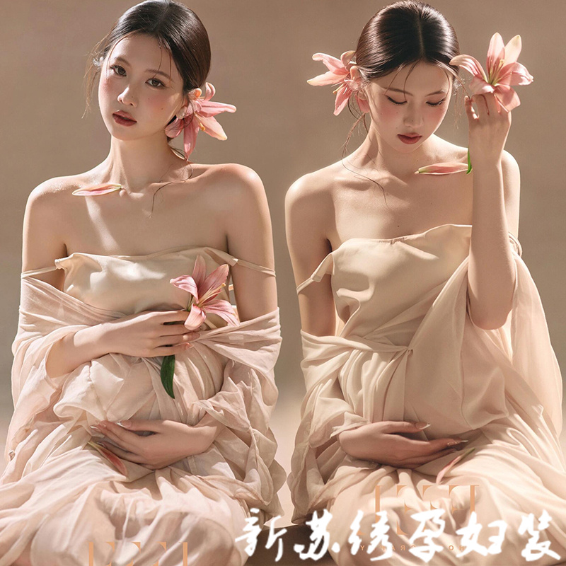 新款影楼孕妇拍照服装法式复古油画风高级感抹胸长裙礼服艺术摄影