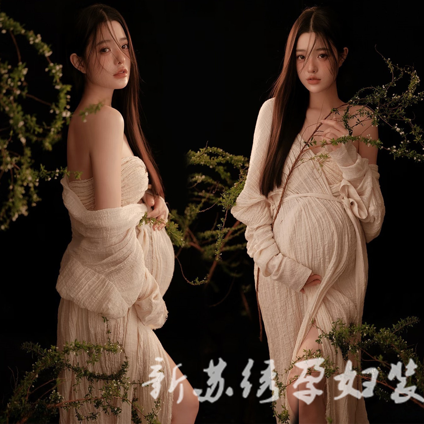 孕妇复古新中式油画连衣裙摄影服