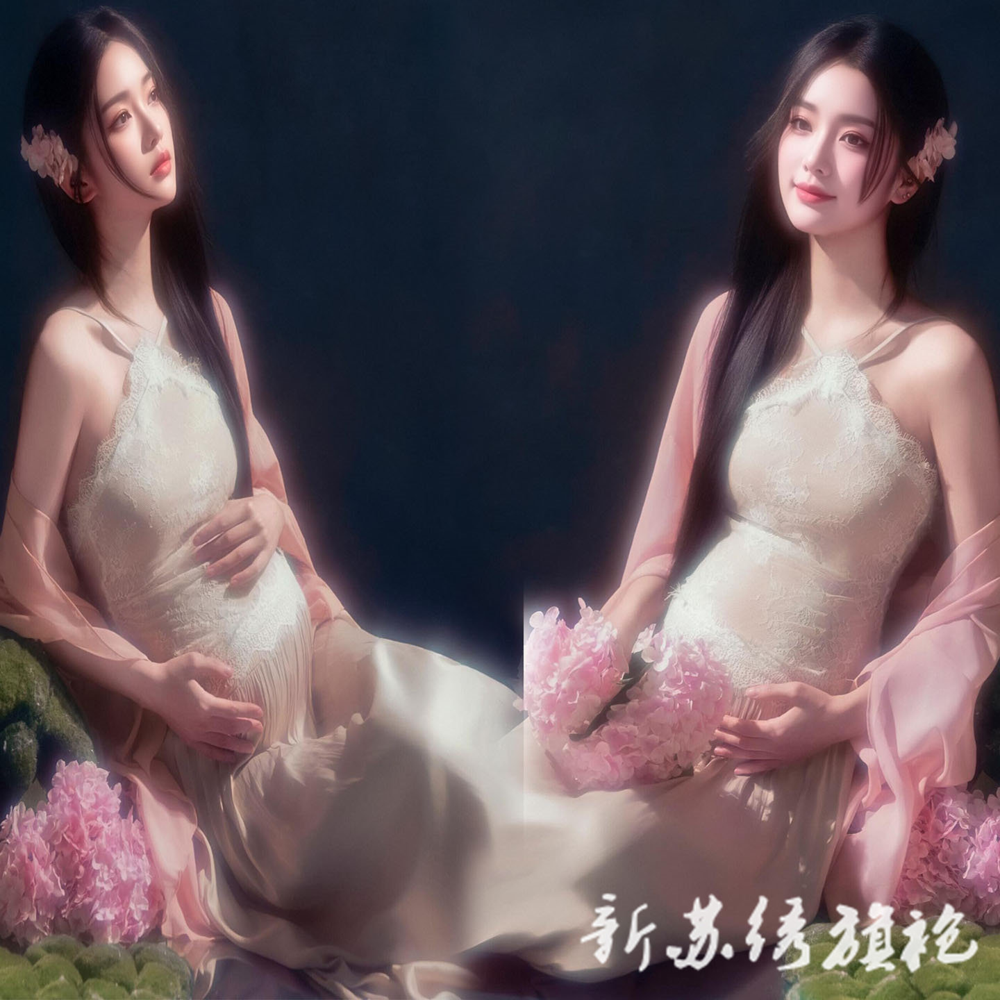 依媚坊孕妇写真梦幻蕾丝连衣裙