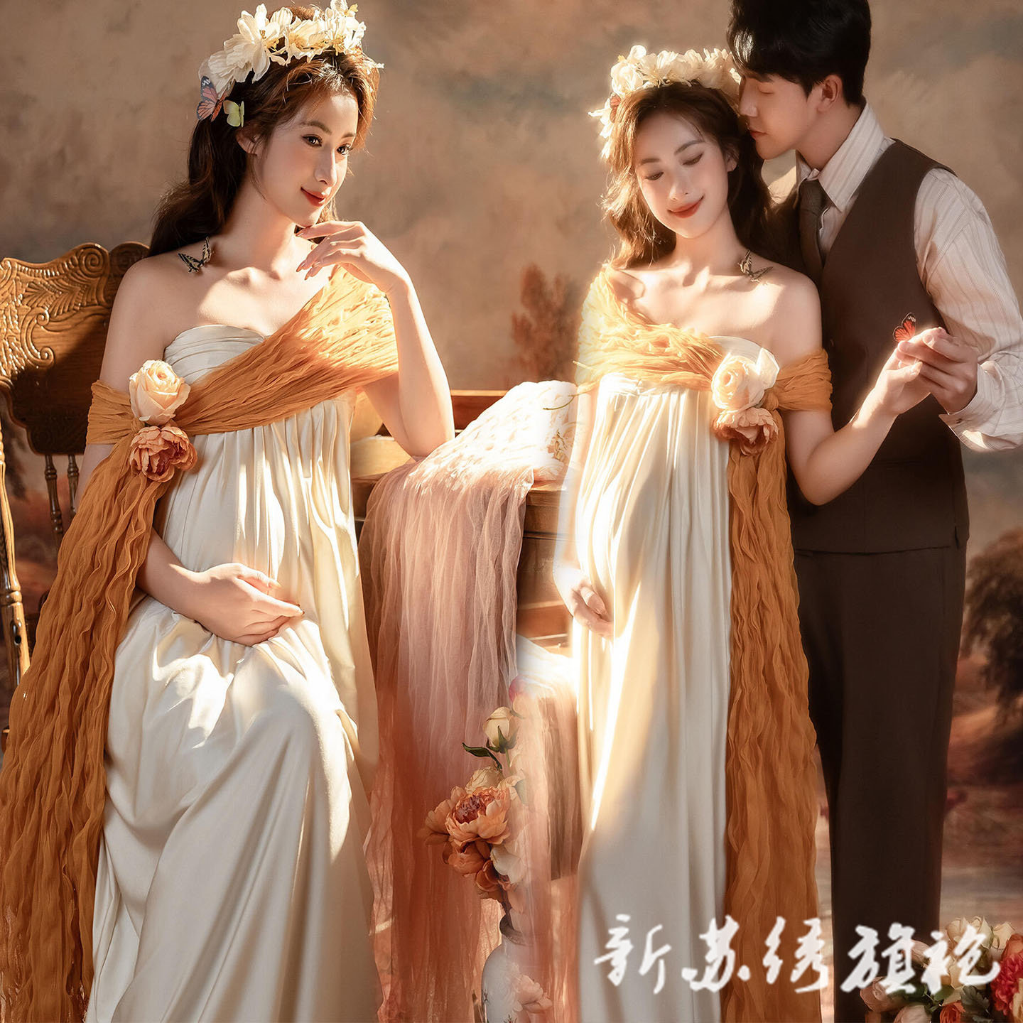 依媚坊孕妇复古油画风抹胸裙