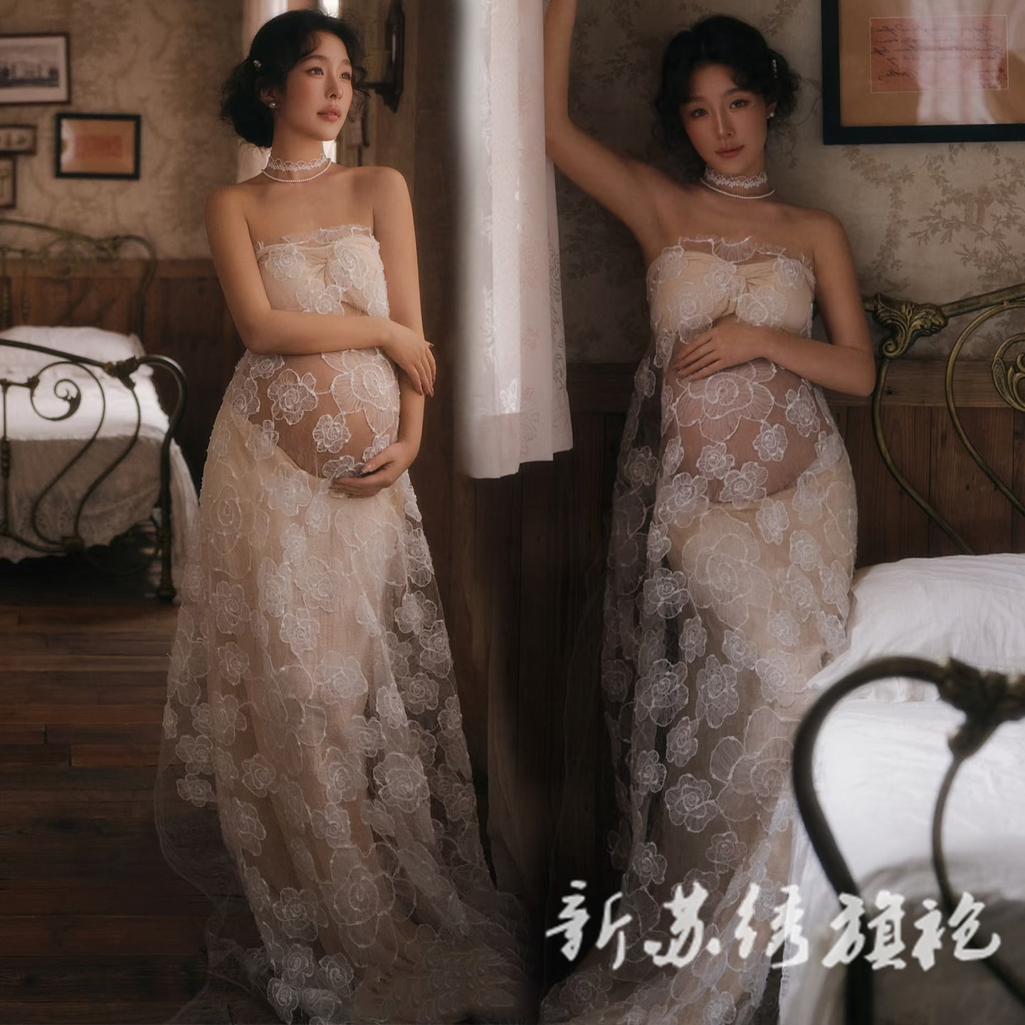 依媚坊法式孕妇蕾丝抹胸摄影服