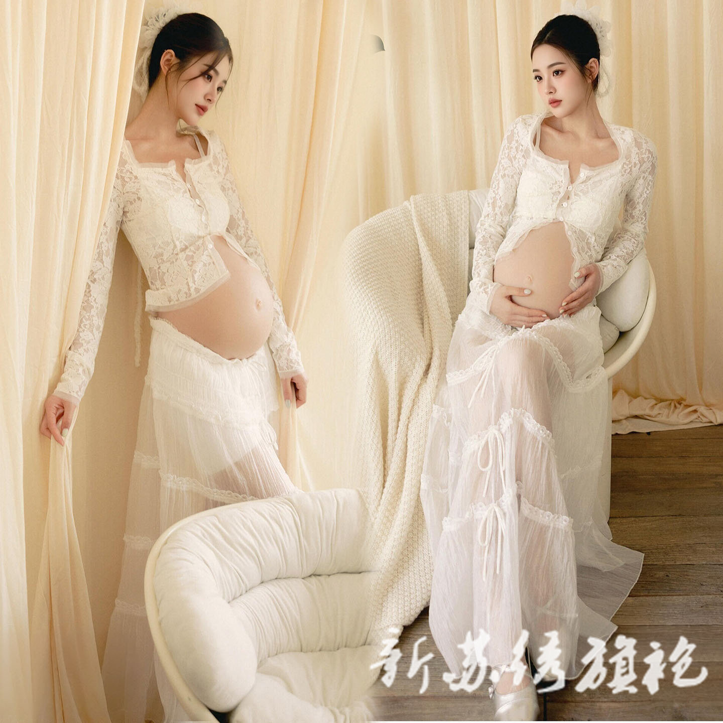 依媚坊孕妇写真法式蕾丝连衣裙