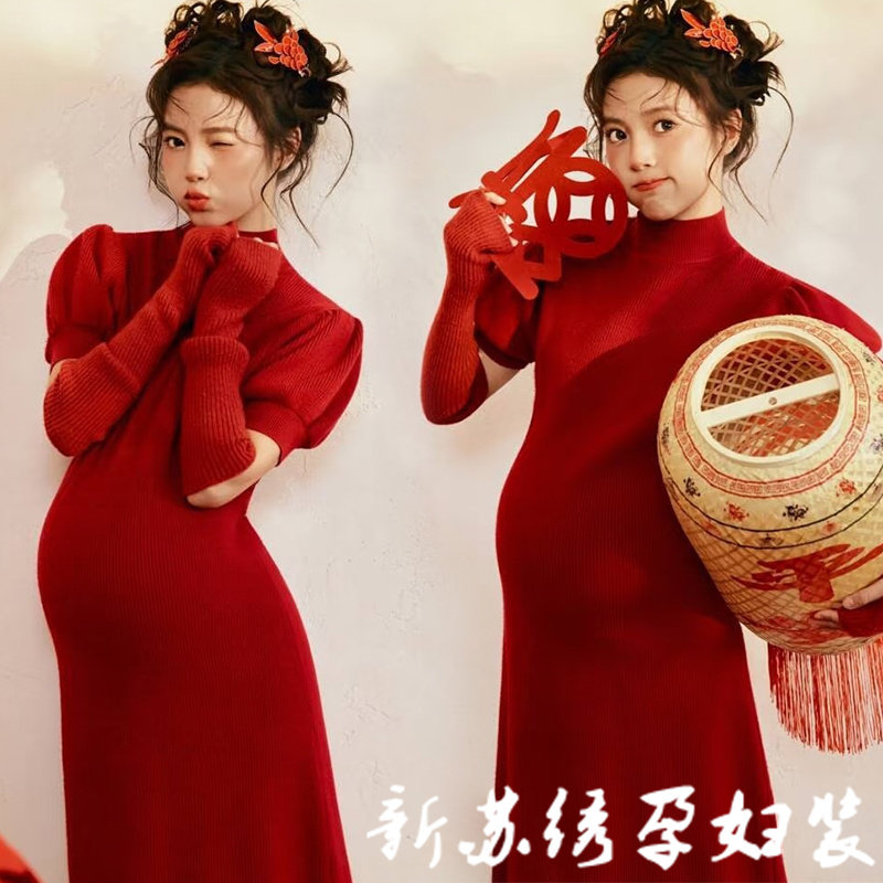 孕妇摄影服装影楼新款秋冬红色