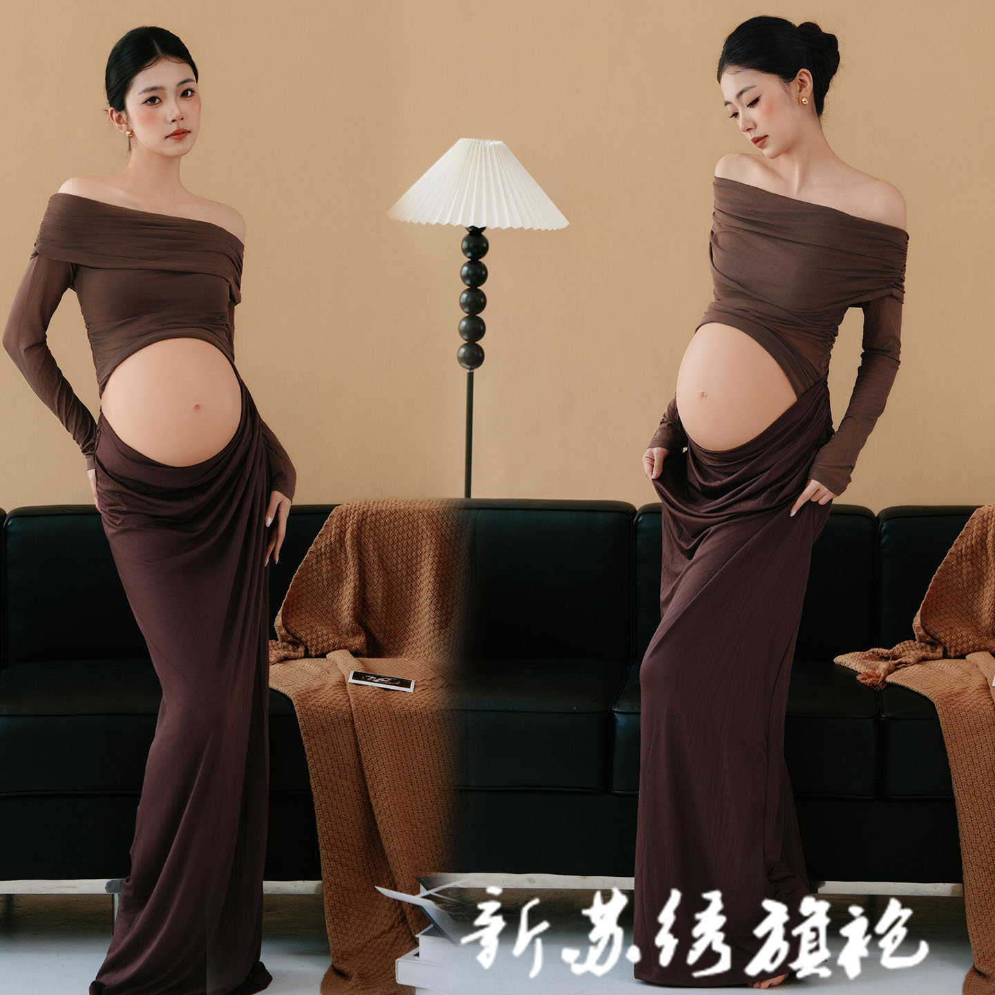 孕妇一字肩露肩大肚礼服裙