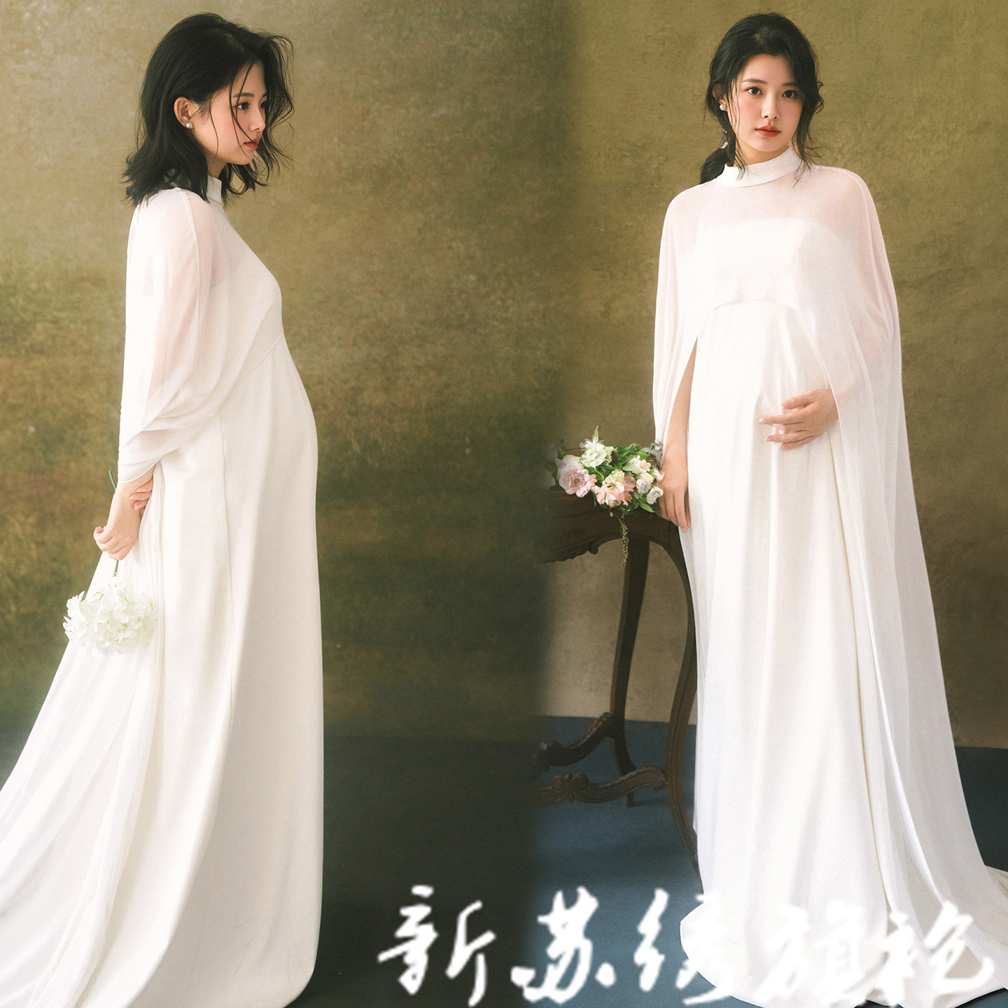 孕妇拍照白色斗篷披肩礼服