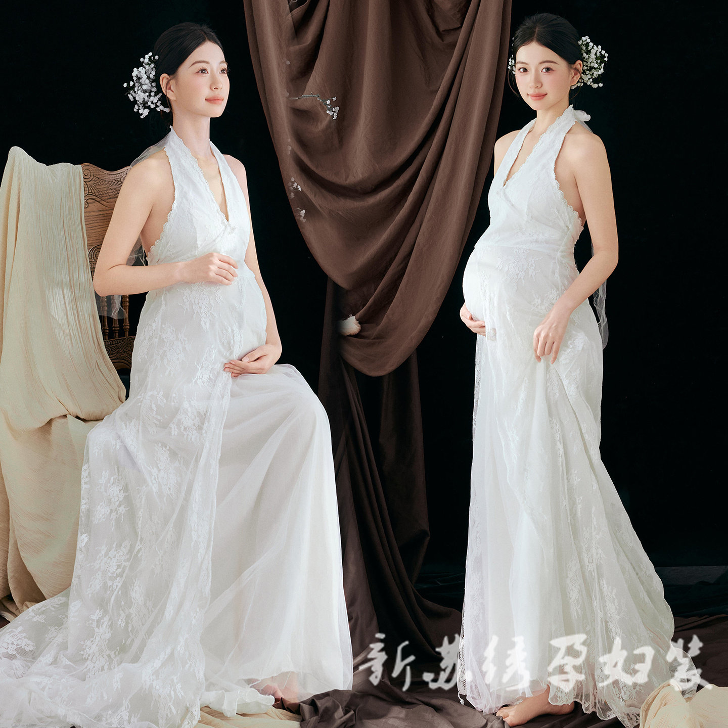新款法式复古唯美白色蕾丝裙孕妈