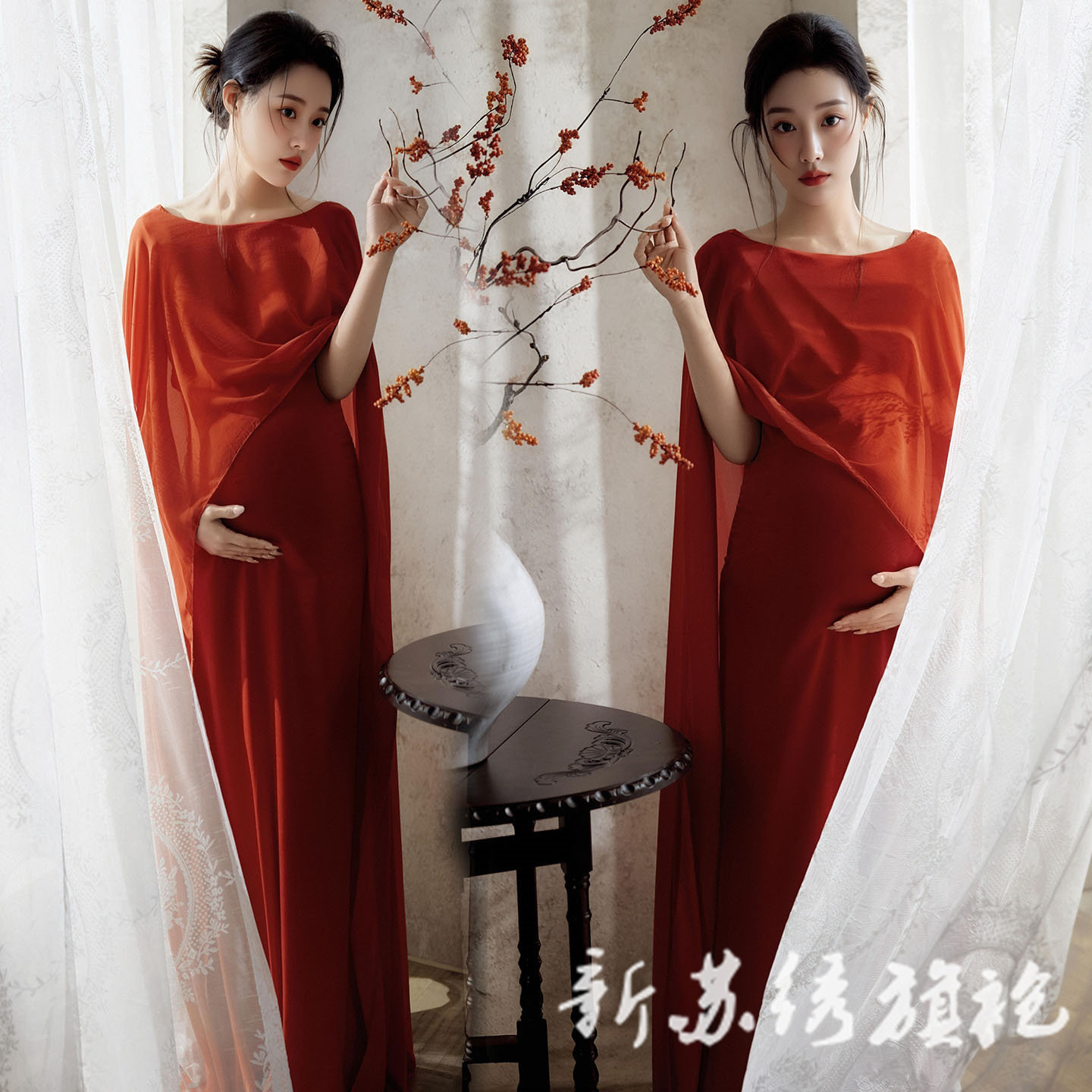 依媚坊中式复古红色孕妇写真礼服