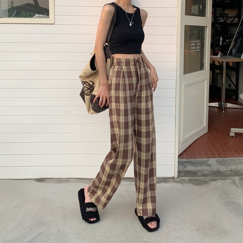 2684 live shooting 2022 spring and summer leisure plaid pants new loose and versatile straight leg wide leg pants suit pants