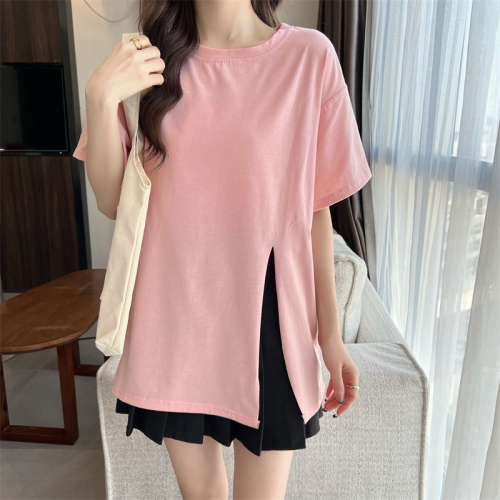 Real shooting cotton summer split T-shirt women's short sleeve niche design chic top