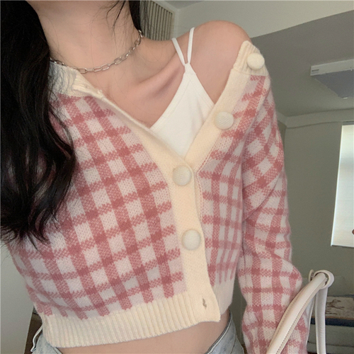 Sweater cardigan women's short gentle retro Plaid long sleeve top spring 2021 new spring knitted coat