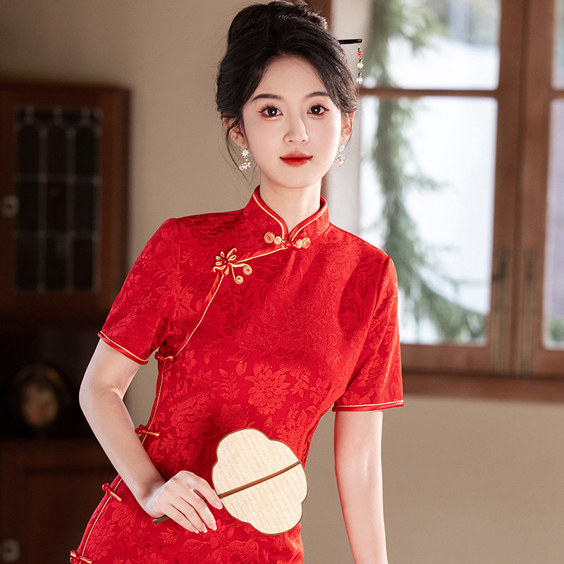 夏季国风订婚宴礼服送考提花中长款红色气质显瘦宴会婚礼旗袍敬酒