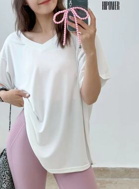 HIPOWER铜氨丝运动健身宽松大T恤女上衣休闲百搭时尚单品v领夏薄