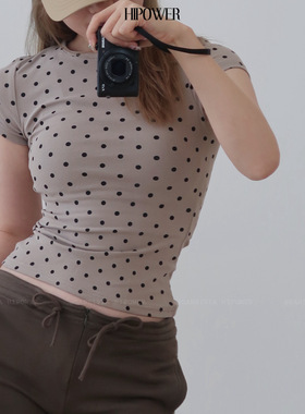 HIPOWER美式复古甜美波点短袖t恤女夏短款显瘦减龄休闲百搭上衣