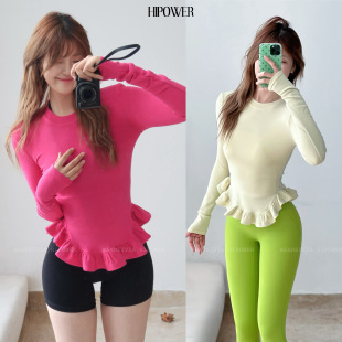 上衣女修身 新款 圆领弹力棉感春季 HIPOWER荷叶边T恤运动健身长袖