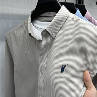 衬衫 外贸长袖 男春秋季 新款 衬衣 经典 竖条纹休闲高端男装 马标刺绣
