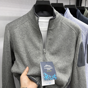 高端美式秋冬亲肤保暖透气情侣户外运动开衫抓绒衣加绒立领夹克男