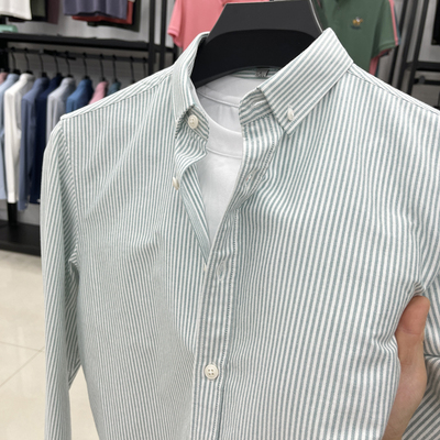 【高端品牌折扣】长袖衬衫男纯棉春季新款翻领竖条纹刺绣休闲衬衣