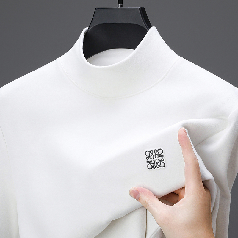 高档刺绣德绒打底衫男半高领磨毛加厚卫衣冬季新款中领内搭上衣潮