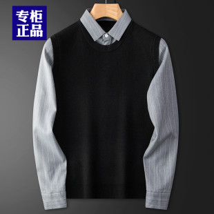 新款 圆领针织衫 假两件毛衣加绒加厚衬衫 男士 潮 领时尚 2024秋冬季